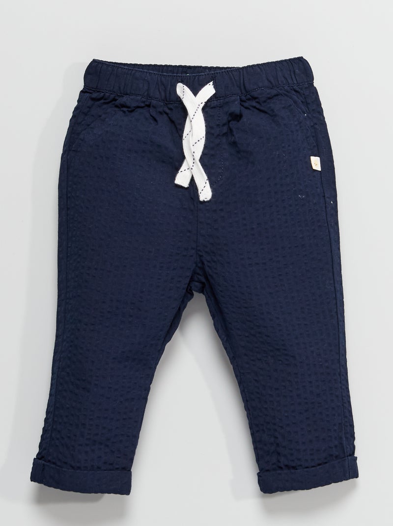 Pantalon uni en maille gaufrée bleu marine - Kiabi