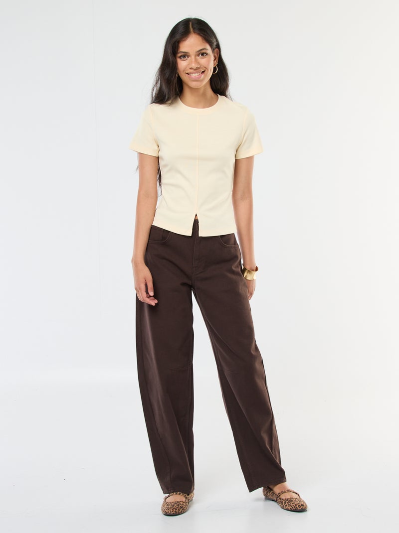 Pantalon uni en twill à taille haute Marron - Kiabi