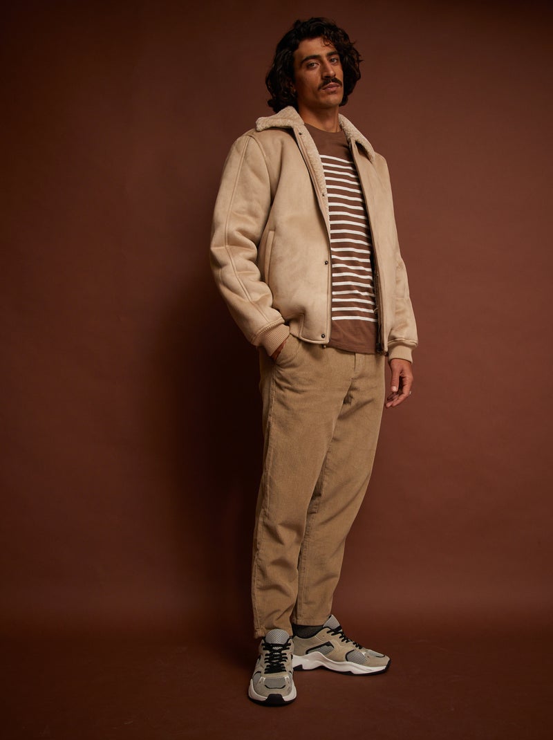 Pantalon uni en velours Beige - Kiabi