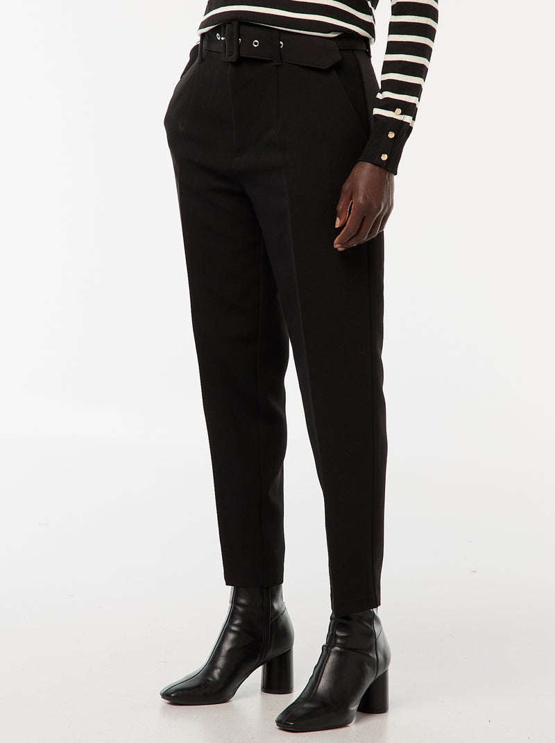 Pantalon uni femme en toile à taille standard Noir - Kiabi