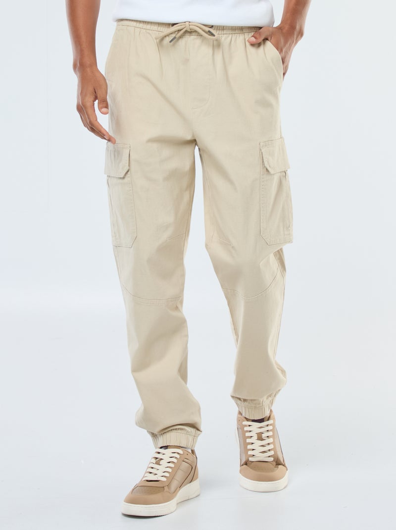 Pantalon uni multipoches avec taille élastiquée Beige - Kiabi