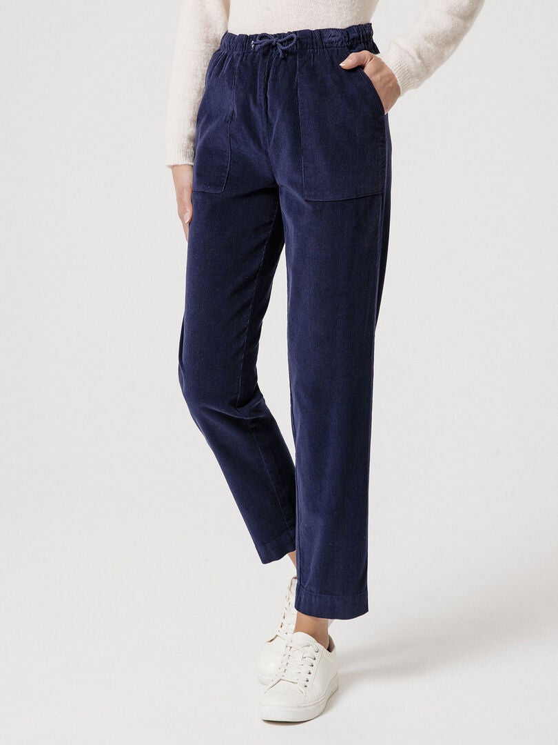 Pantalon Droit Tissé Bleu Marine À Fines Rayures Et Taille Haute