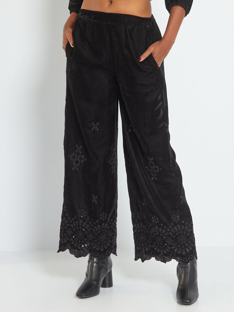 Pantalon velours fluide avec base brodée noir - Kiabi