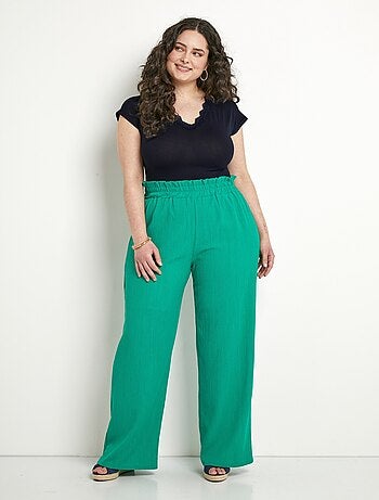 Pantalon vert large taille élastiquée maille relief