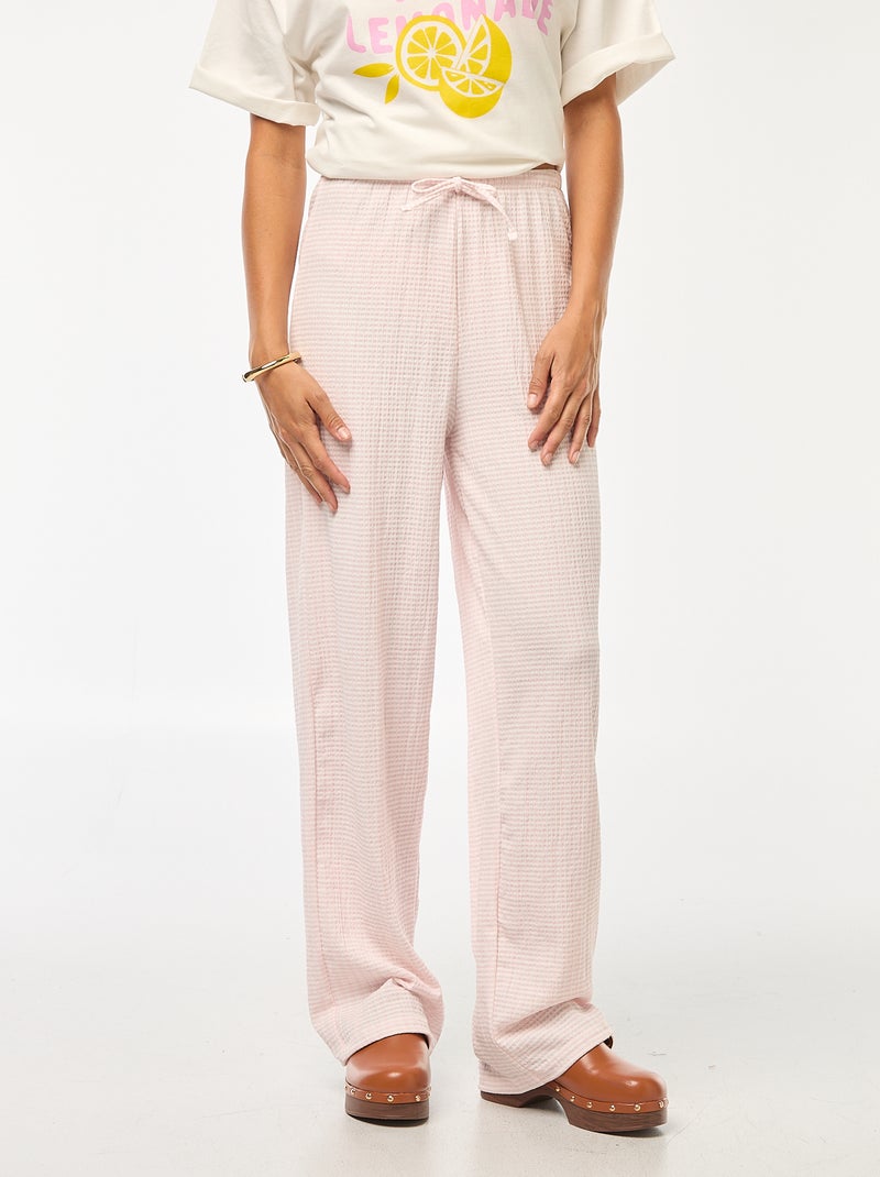 Pantalon vichy en maille gaufrée Rose - Kiabi