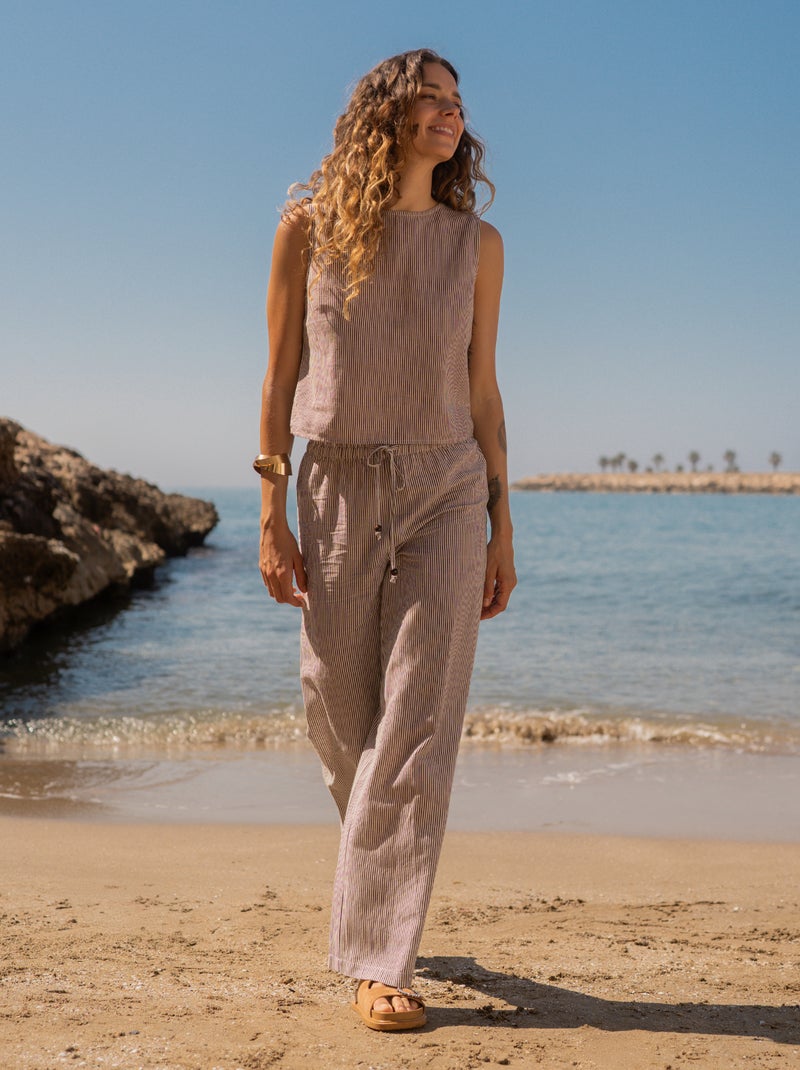 Pantalon wide leg en lin mélangé Beige - Kiabi
