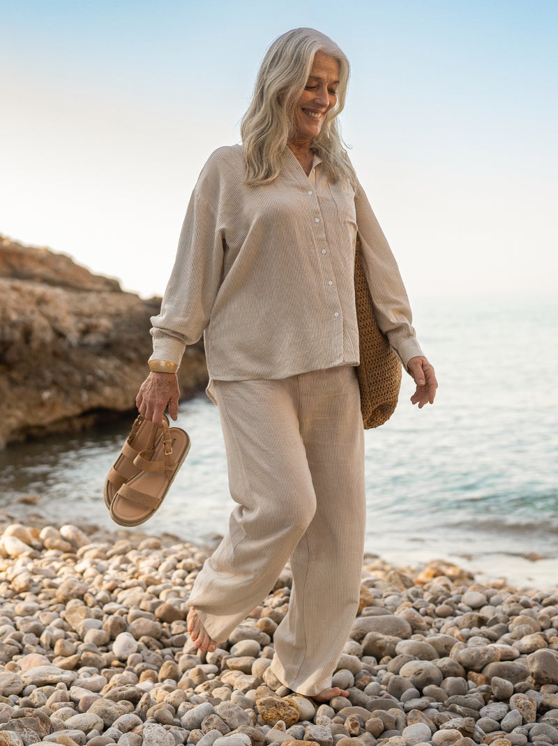 Pantalon wide leg en lin mélangé Beige - Kiabi