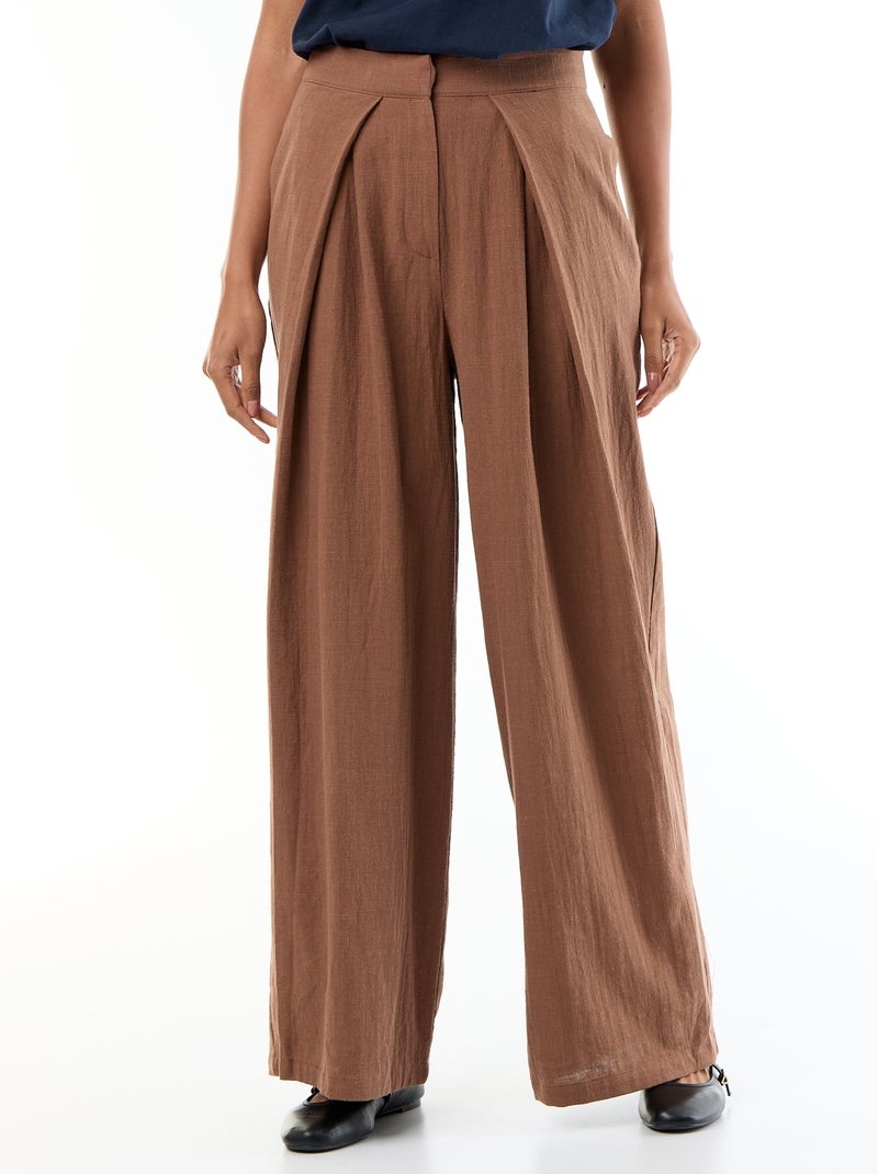 Pantalon wide leg en lin mélangé Marron - Kiabi