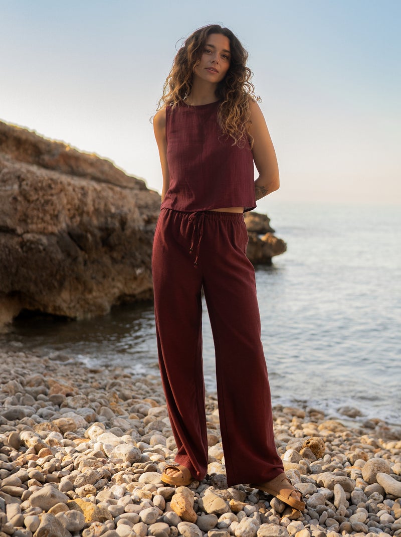 Pantalon wide leg en lin mélangé Rouge - Kiabi