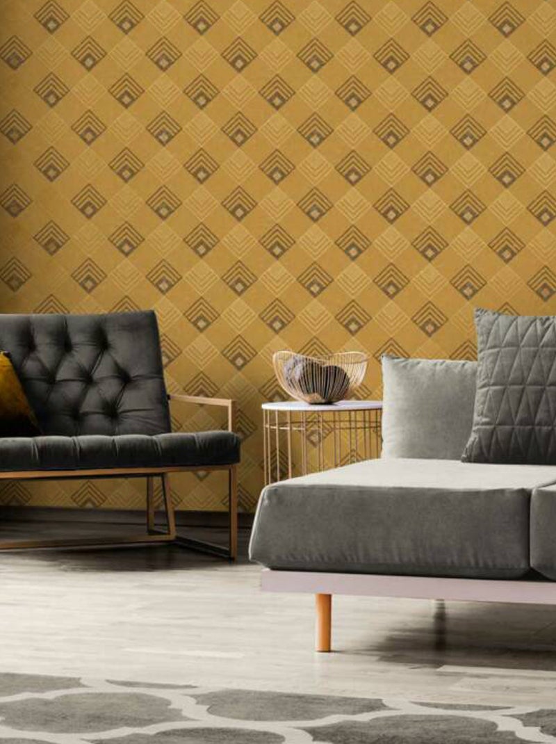 Papier peint art déco carré Jaune moutarde - Kiabi