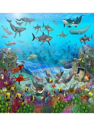 Papier peint Atlantide, animaux marins, bateau pirate et trésors 305x244 cm
