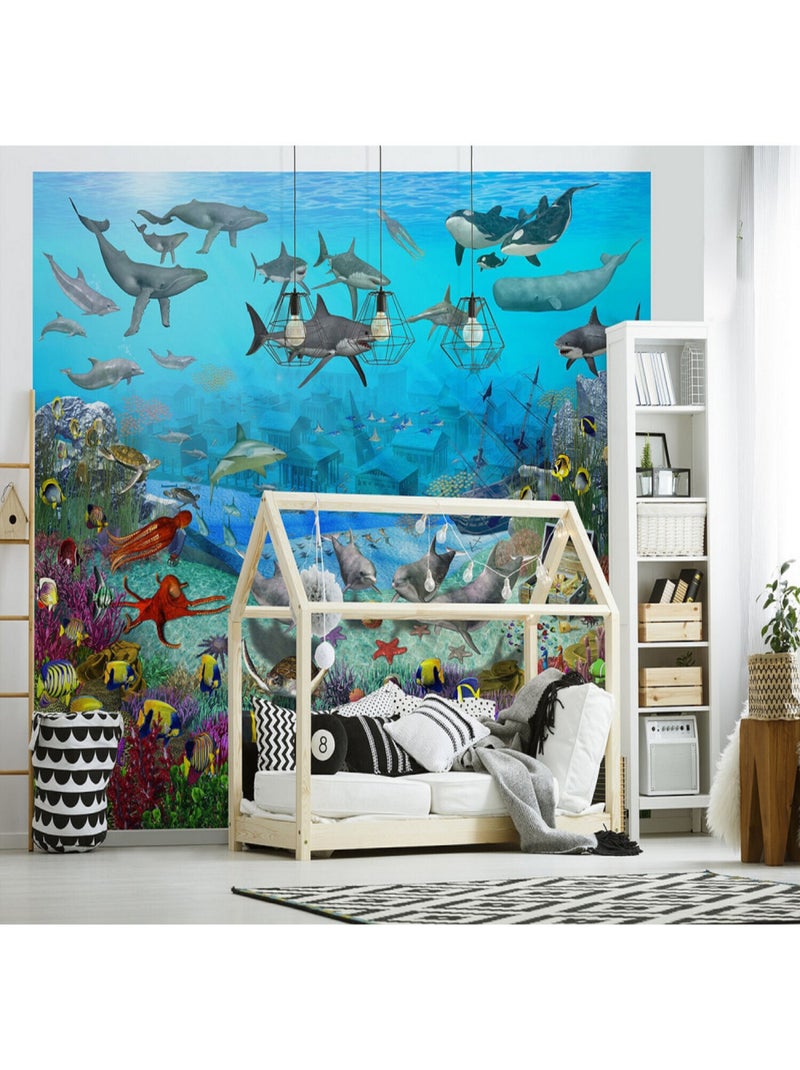 Papier peint Atlantide, animaux marins, bateau pirate et trésors 305x244 cm Bleu - Kiabi