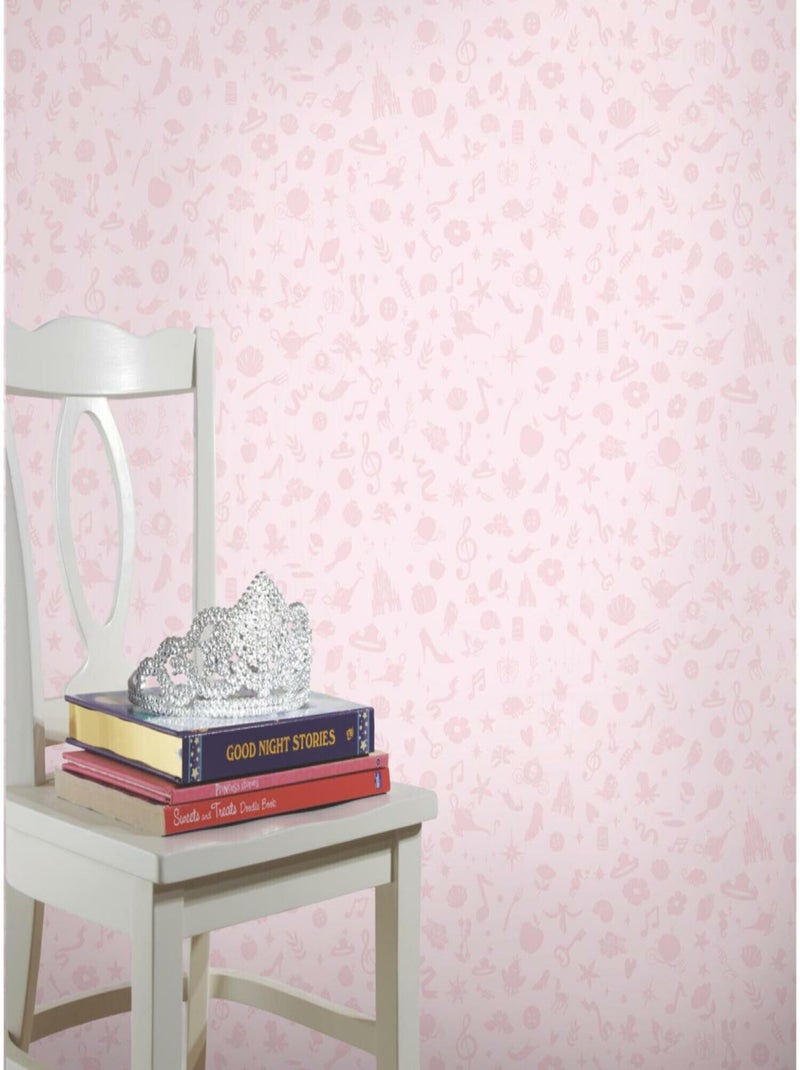 Papier Peint auto-adhésif - Disney Princesses avec icônes et paillettes Rose - Kiabi
