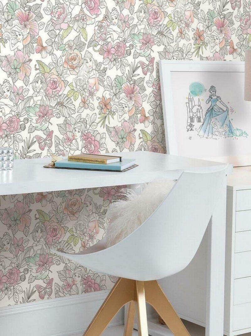Papier Peint auto-adhésif - Disney Princesses et motifs floraux Multicolore - Kiabi