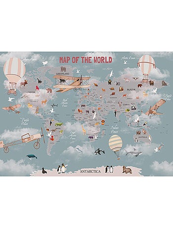 Papier peint Carte du monde vintage animaux, avions et mongolfières 375 x 270 cm
