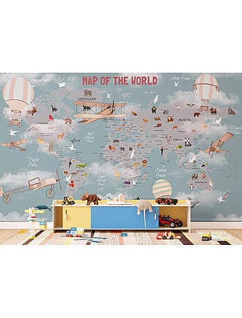 Papier peint Carte du monde vintage animaux, avions et mongolfières 375 x 270 cm