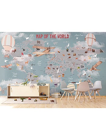 Papier peint Carte du monde vintage animaux, avions et mongolfières 375 x 270 cm