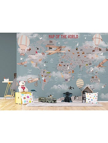 Papier peint Carte du monde vintage animaux, avions et mongolfières 375 x 270 cm