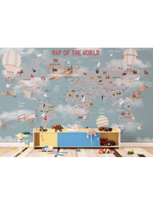 Papier peint Carte du monde vintage animaux, avions et mongolfières 375 x 270 cm - Kiabi