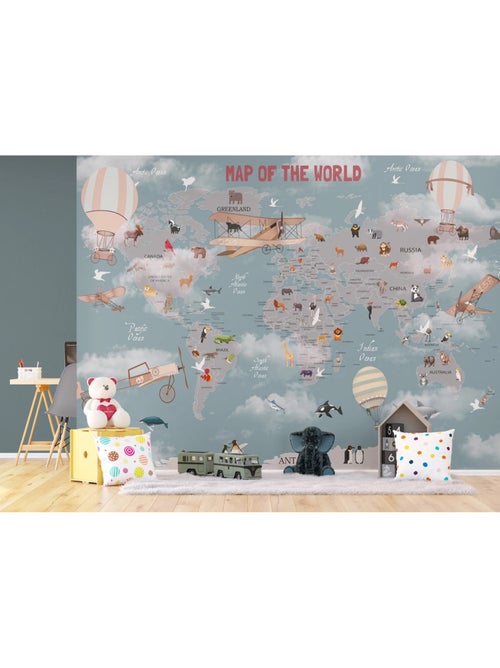 Papier peint Carte du monde vintage animaux, avions et mongolfières 375 x 270 cm - Kiabi