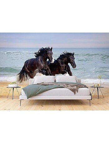 Papier Peint chevaux noirs galopant sur la plage- 360 x 254 cm