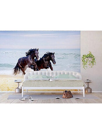 Papier Peint chevaux noirs galopant sur la plage- 360 x 254 cm