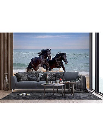 Papier Peint chevaux noirs galopant sur la plage- 360 x 254 cm