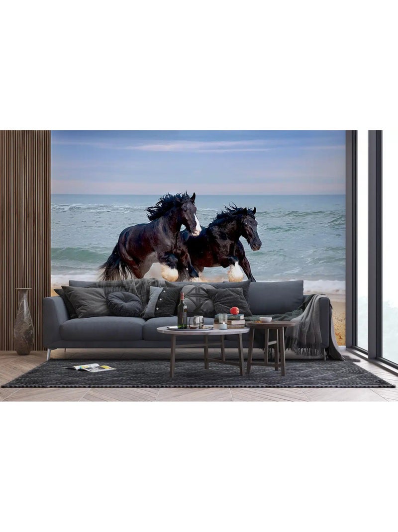 Papier Peint  chevaux noirs galopant sur la plage- 360 x 254 cm Multicolore - Kiabi