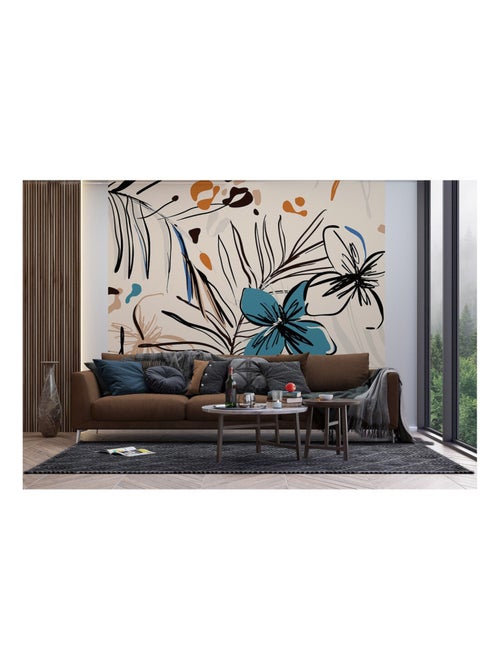 Papier peint fleurs bleues et fougère 225 x 270 cm - Kiabi