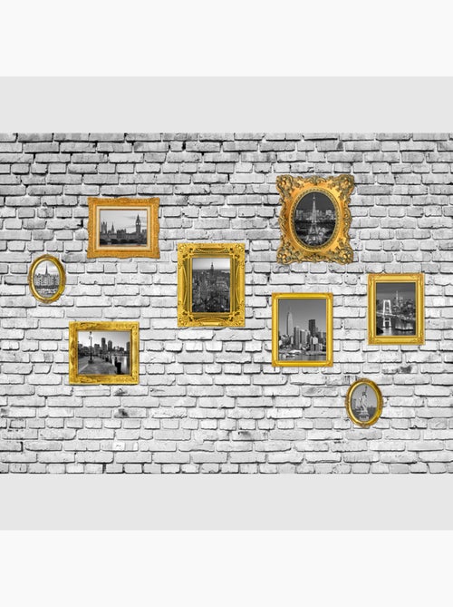 Papier peint intissé - Cadres dorés de monuments sur un mur de briques grises- 360x270 cm - Kiabi