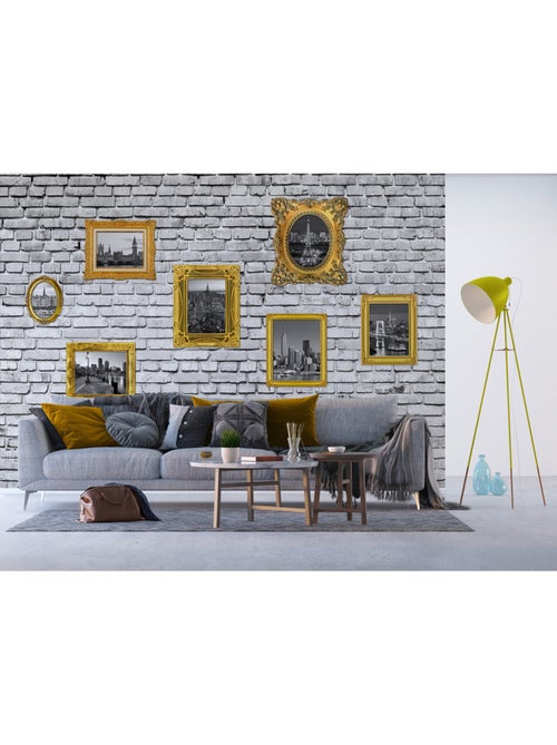 Papier peint intissé - Cadres dorés de monuments sur un mur de briques grises- 360x270 cm - Kiabi
