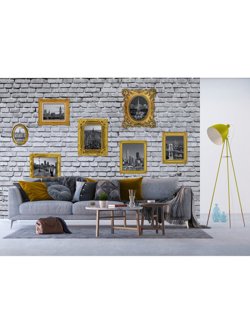 Papier peint intissé - Cadres dorés de monuments sur un mur de briques grises- 360x270 cm Multicolore - Kiabi