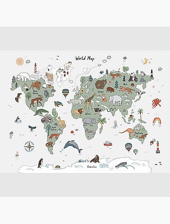 Papier peint intissé - Carte du monde avec animaux verts et gris (dessin) - 375x270 cm