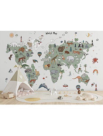 Papier peint intissé - Carte du monde avec animaux verts et gris (dessin) - 375x270 cm