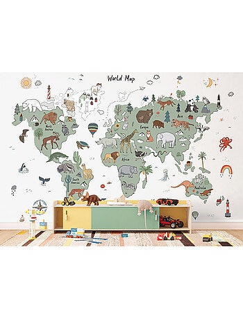 Papier peint intissé - Carte du monde avec animaux verts et gris (dessin) - 375x270 cm