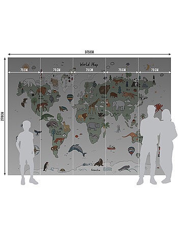 Papier peint intissé - Carte du monde avec animaux verts et gris (dessin) - 375x270 cm