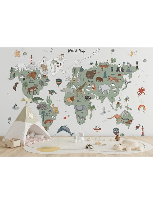 Papier peint intissé - Carte du monde avec animaux verts et gris (dessin) - 375x270 cm - Kiabi