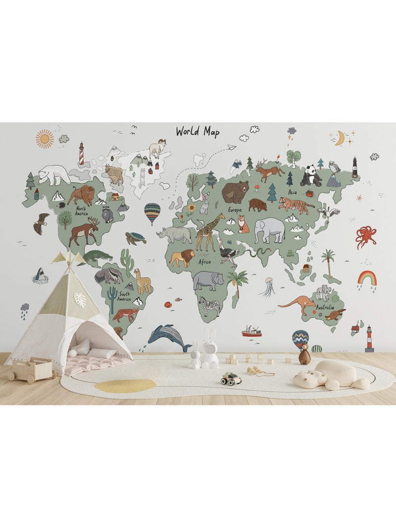 Papier peint intissé - Carte du monde avec animaux verts et gris (dessin) - 375x270 cm Multicolore - Kiabi