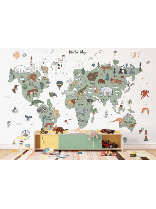 Papier peint intissé - Carte du monde avec animaux verts et gris (dessin) - 375x270 cm - Kiabi
