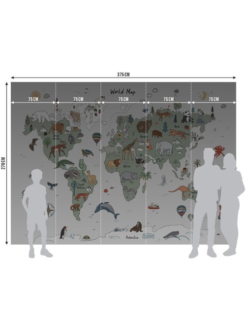 Papier peint intissé - Carte du monde avec animaux verts et gris (dessin) - 375x270 cm - Kiabi