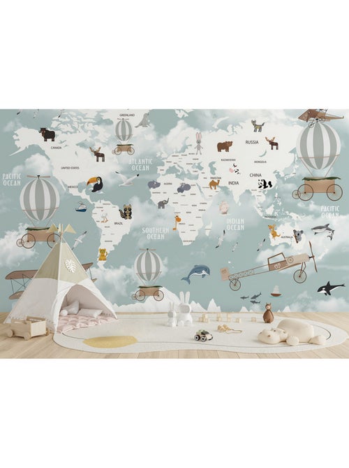 Papier peint intissé - Carte du monde des animaux - 375x270 cm - Kiabi