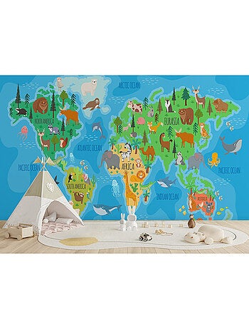 Papier peint intissé - Carte du monde des animaux aux couleurs vives - 375x270 cm