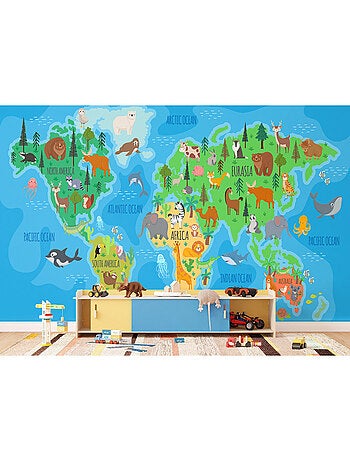 Papier peint intissé - Carte du monde des animaux aux couleurs vives - 375x270 cm