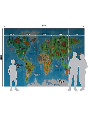 Papier peint intissé - Carte du monde des animaux aux couleurs vives - 375x270 cm