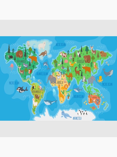 Papier peint intissé - Carte du monde des animaux aux couleurs vives - 375x270 cm - Kiabi