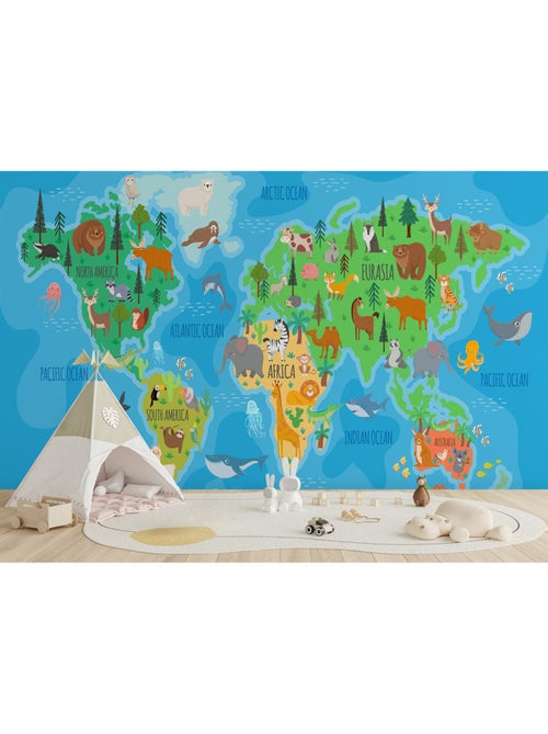 Papier peint intissé - Carte du monde des animaux aux couleurs vives - 375x270 cm - Kiabi