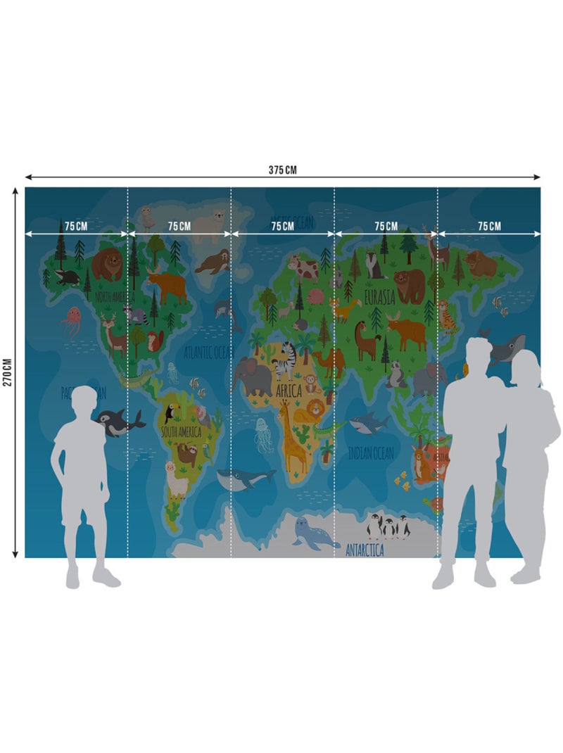 Papier peint intissé - Carte du monde des animaux aux couleurs vives - 375x270 cm Multicolore - Kiabi