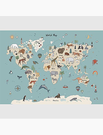 Papier peint intissé - Carte du monde des animaux beiges et bleus (dessin) - 375x270 cm