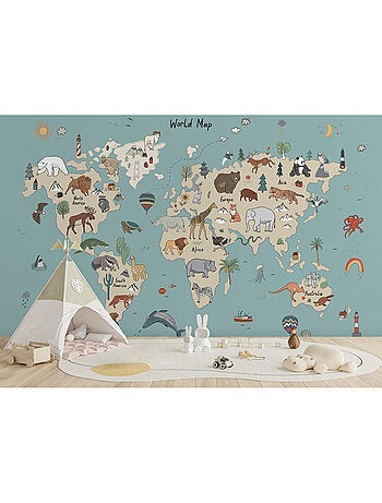 Papier peint intissé - Carte du monde des animaux beiges et bleus (dessin) - 375x270 cm