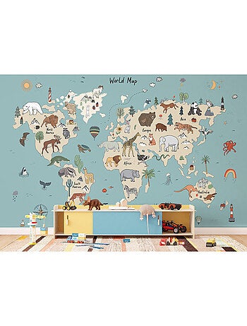 Papier peint intissé - Carte du monde des animaux beiges et bleus (dessin) - 375x270 cm